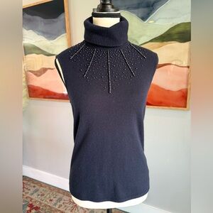 Escada Navy Cashmere Sleeveless Turtleneck with Beads